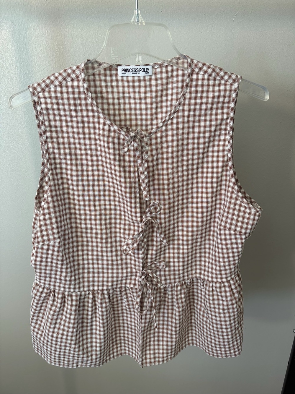 Princess Polly Brown and White Gingham Tie-Front Peplum Top